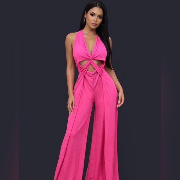 Fashion Nova Pants - Fashion Nova Hot Pink Twist-Front Wide Leg Jumpsuit